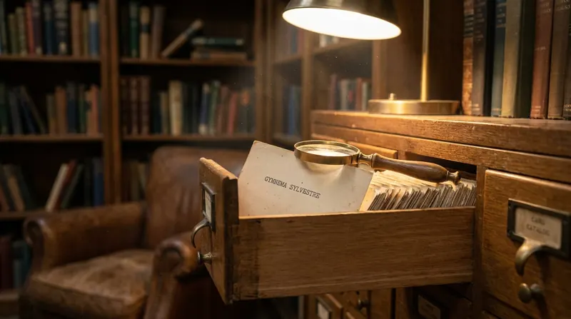 A typed library catalog card reading Gymnema sylvestre in an open wooden card catalog drawer, with a brass magnifying glass resting on it under warm lamp light