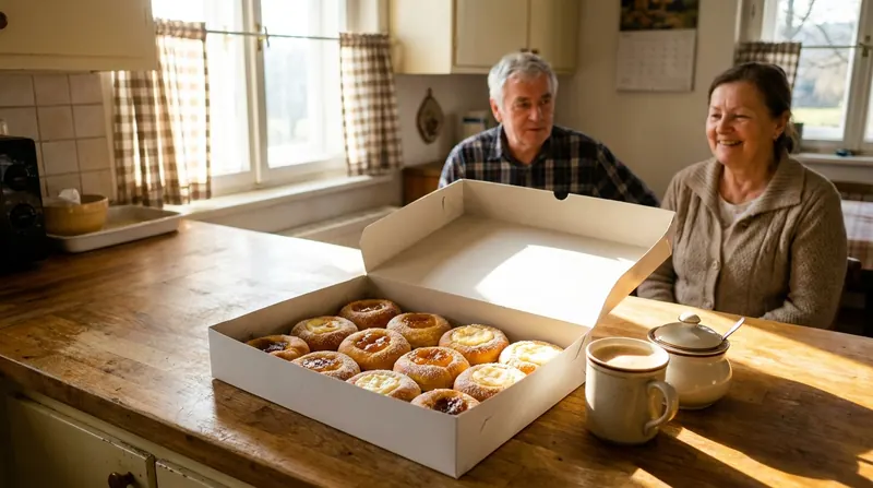 A white bakery box of round fruit-filled kolaches on a sunny Texas kitchen counter beside a cup of coffee