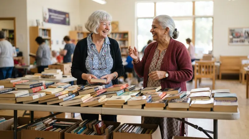 Two older women volunteers laughing together behind a folding table covered with used books at a community library book sale