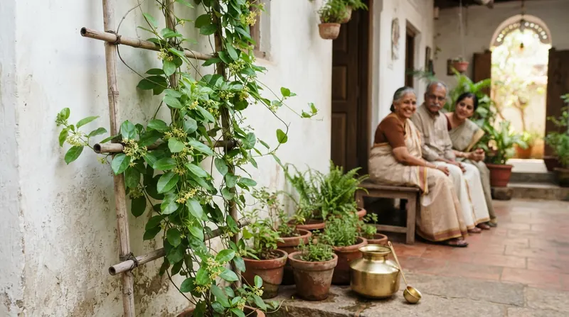 A climbing gymnema vine with oval green leaves and small yellow flowers growing on a bamboo trellis in a sunny South Indian courtyard