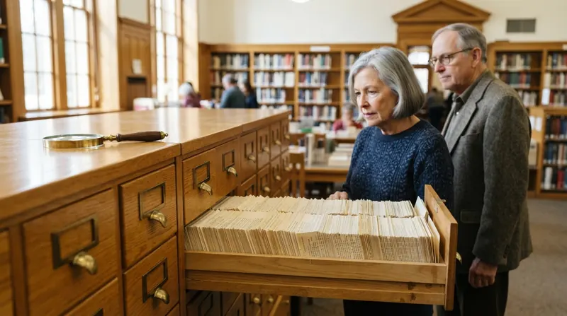 A long wooden card catalog cabinet with one drawer pulled open showing rows of typed index cards in a bright library