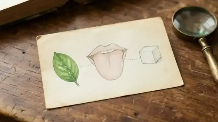 A hand-drawn pencil sketch on aged paper of a tongue outline next to a gymnema leaf and a sugar cube, with small dotted lines and no words